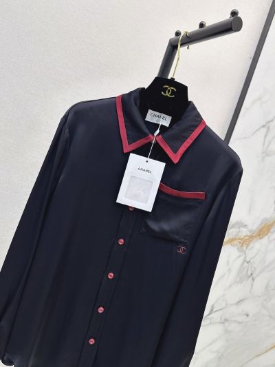 Chanel Turn-Down Collar Long Sleeve Shirt in Navy and Red