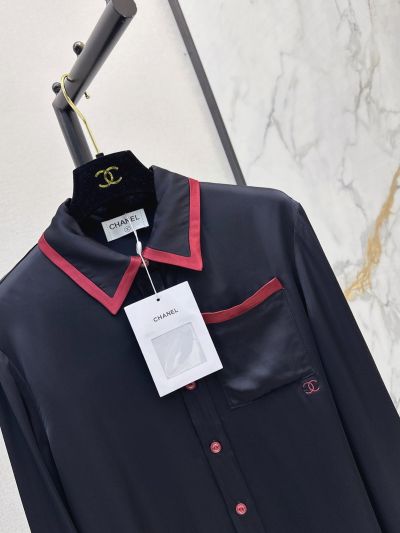 Chanel Turn-Down Collar Long Sleeve Shirt in Navy and Red