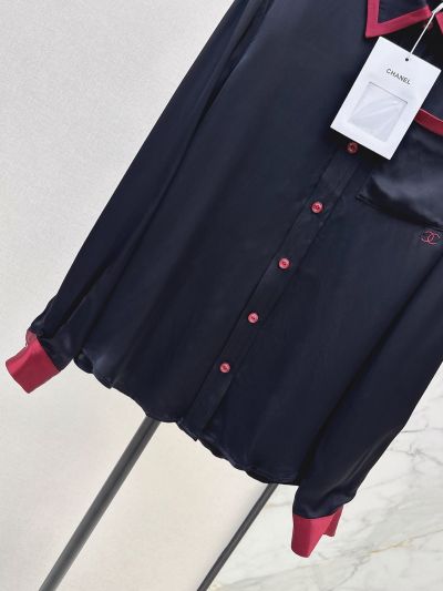 Chanel Turn-Down Collar Long Sleeve Shirt in Navy and Red
