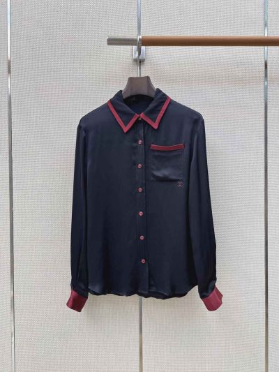 Chanel Turn-Down Collar Long Sleeve Shirt in Navy and Red