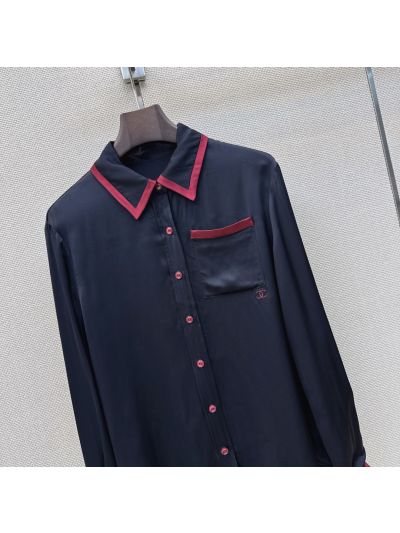 Chanel Turn-Down Collar Long Sleeve Shirt in Navy and Red