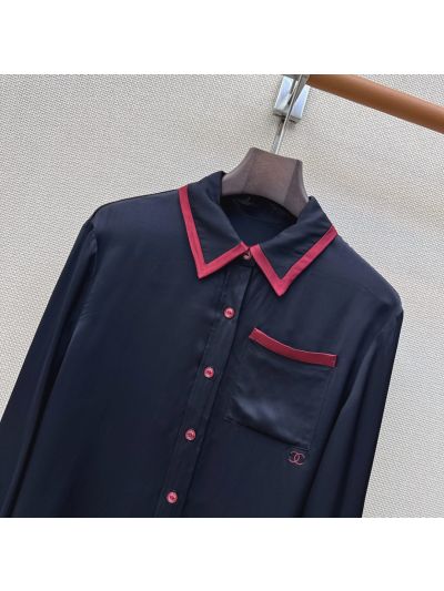 Chanel Turn-Down Collar Long Sleeve Shirt in Navy and Red
