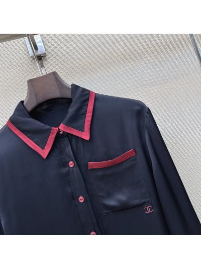 Chanel Turn-Down Collar Long Sleeve Shirt in Navy and Red