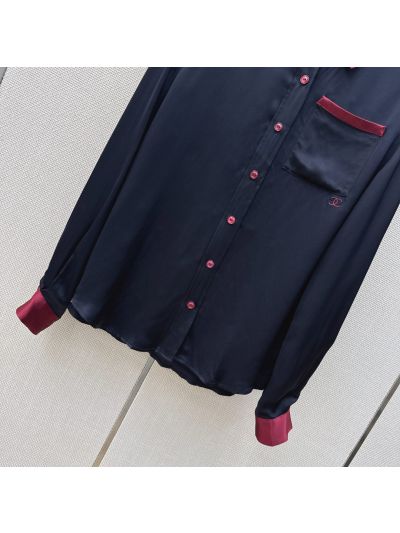 Chanel Turn-Down Collar Long Sleeve Shirt in Navy and Red