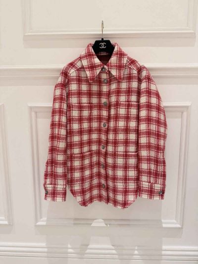 Chanel Turn-Down Collar Long Sleeve Shirt in Red and White