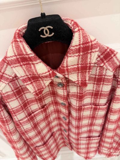 Chanel Turn-Down Collar Long Sleeve Shirt in Red and White