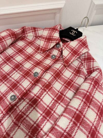 Chanel Turn-Down Collar Long Sleeve Shirt in Red and White