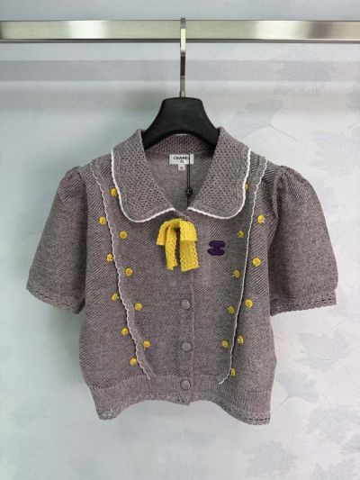 Chanel Turn-Down Collar Short Sleeve Cardigan in Grey and White