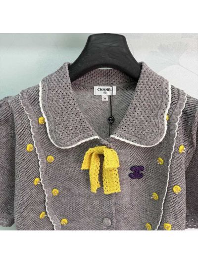 Chanel Turn-Down Collar Short Sleeve Cardigan in Grey and White
