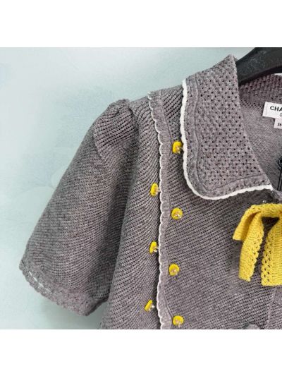 Chanel Turn-Down Collar Short Sleeve Cardigan in Grey and White