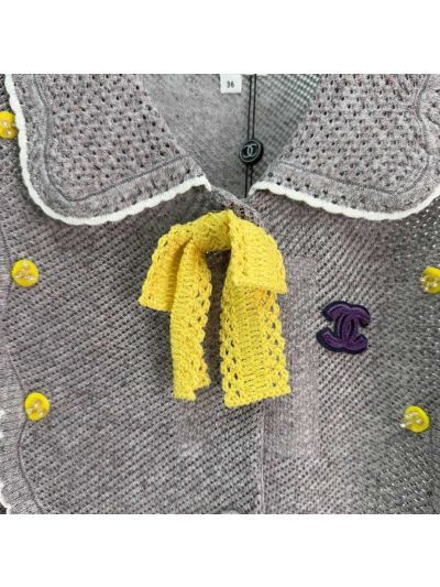 Chanel Turn-Down Collar Short Sleeve Cardigan in Grey and White