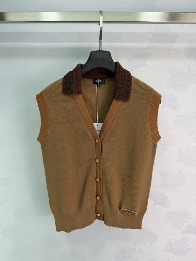 Chanel Turn-Down Collar Sleeveless Vest in Brown and Beige