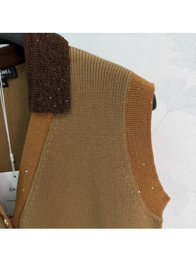 Chanel Turn-Down Collar Sleeveless Vest in Brown and Beige