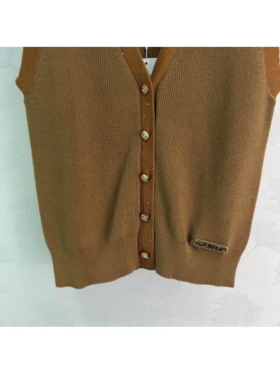Chanel Turn-Down Collar Sleeveless Vest in Brown and Beige