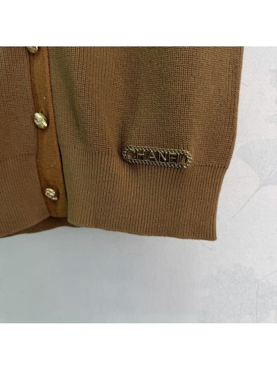 Chanel Turn-Down Collar Sleeveless Vest in Brown and Beige