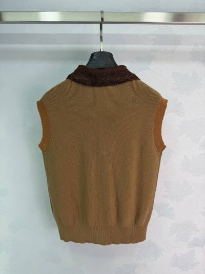Chanel Turn-Down Collar Sleeveless Vest in Brown and Beige