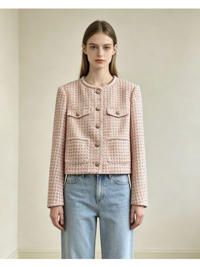 Chanel Tweed Button-Front Coat in Pink and Beige