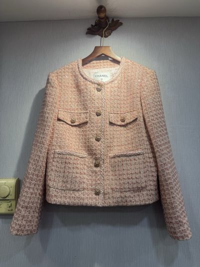 Chanel Tweed Button-Front Coat in Pink and Beige