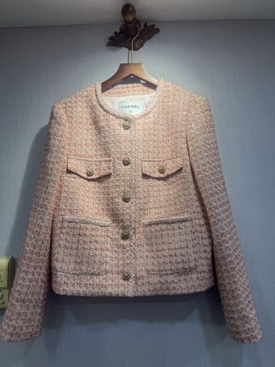 Chanel Tweed Button-Front Coat in Pink and Beige