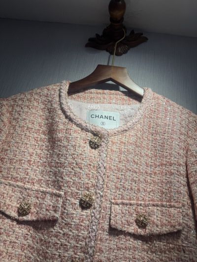 Chanel Tweed Button-Front Coat in Pink and Beige