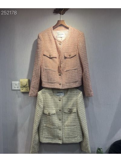 Chanel Tweed Button-Front Coat in Pink and Beige