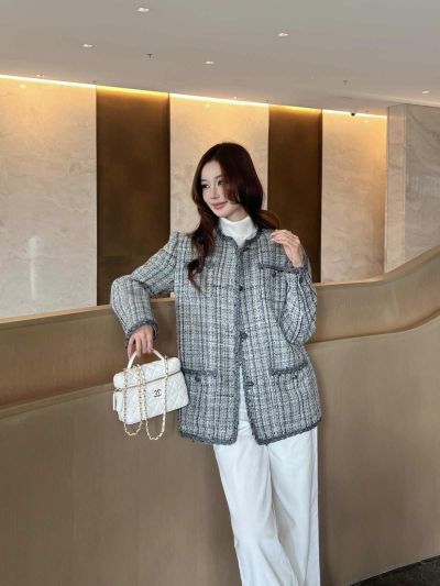Chanel Tweed Button-Front Jacket in Grey and White