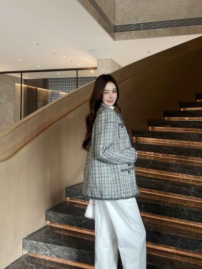 Chanel Tweed Button-Front Jacket in Grey and White