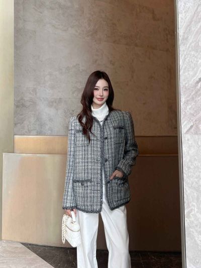 Chanel Tweed Button-Front Jacket in Grey and White