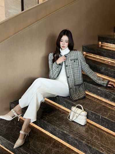 Chanel Tweed Button-Front Jacket in Grey and White