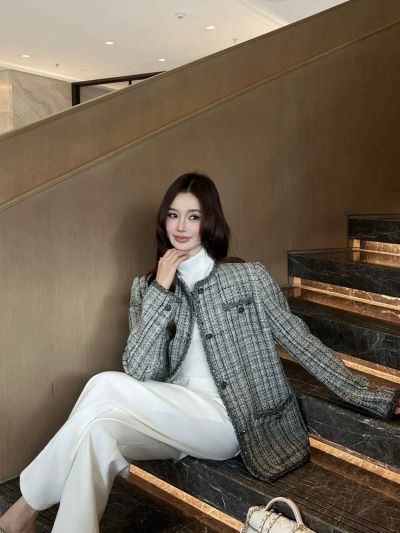 Chanel Tweed Button-Front Jacket in Grey and White