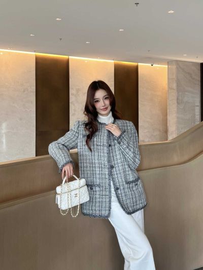 Chanel Tweed Button-Front Jacket in Grey and White