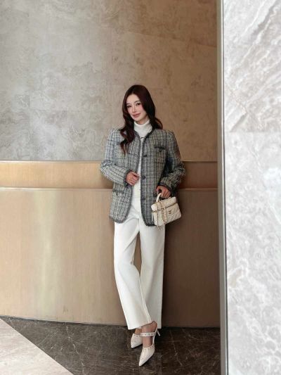 Chanel Tweed Button-Front Jacket in Grey and White