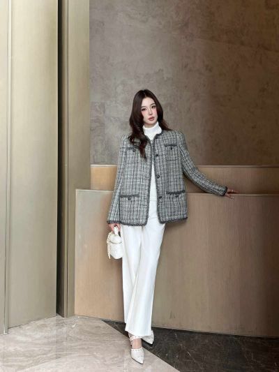 Chanel Tweed Button-Front Jacket in Grey and White