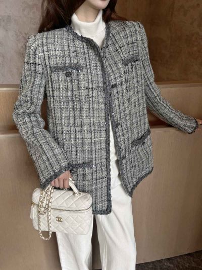 Chanel Tweed Button-Front Jacket in Grey and White