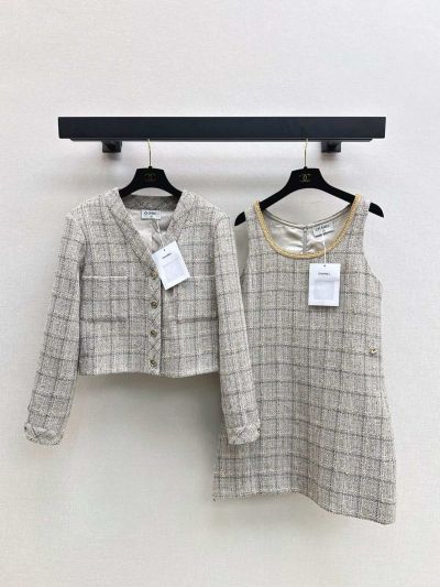 Chanel V-Neck Button-Front Coat in Grey and Beige