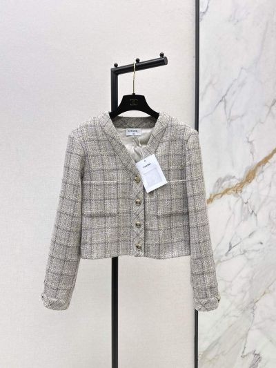 Chanel V-Neck Button-Front Coat in Grey and Beige