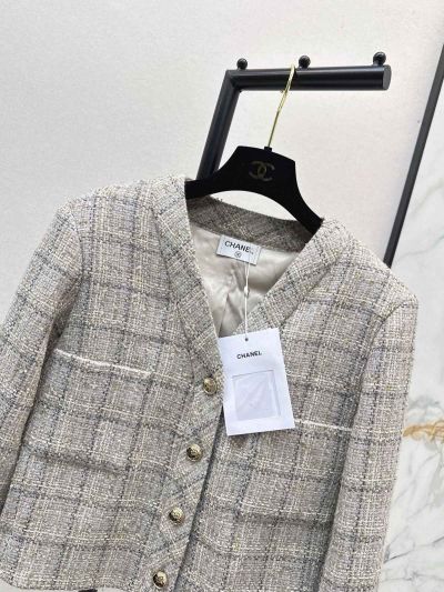 Chanel V-Neck Button-Front Coat in Grey and Beige