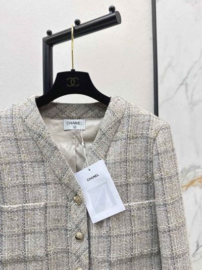 Chanel V-Neck Button-Front Coat in Grey and Beige