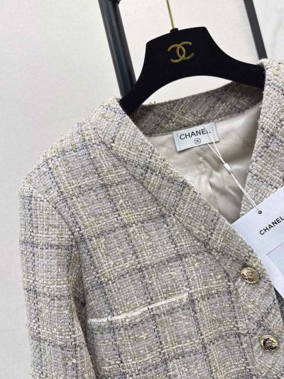 Chanel V-Neck Button-Front Coat in Grey and Beige