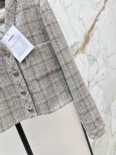 Chanel V-Neck Button-Front Coat in Grey and Beige