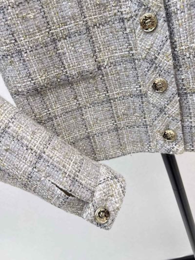 Chanel V-Neck Button-Front Coat in Grey and Beige