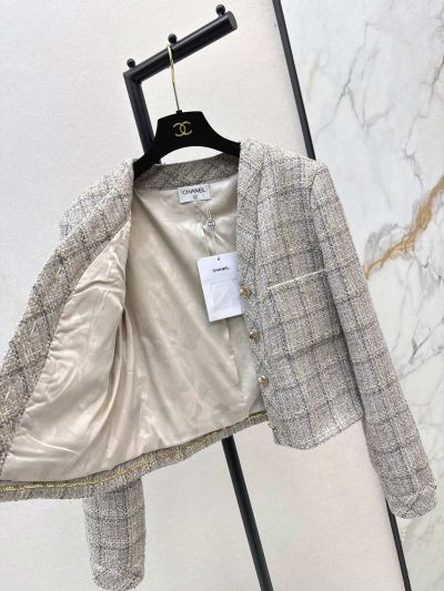 Chanel V-Neck Button-Front Coat in Grey and Beige