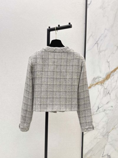 Chanel V-Neck Button-Front Coat in Grey and Beige