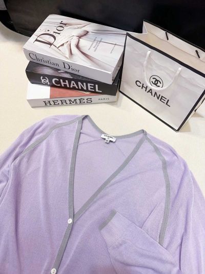 Chanel V-Neck Long Sleeve Cardigan in Lavender