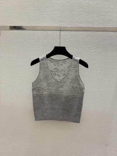 Chanel V-Neck Openwork Knit Top in Grey