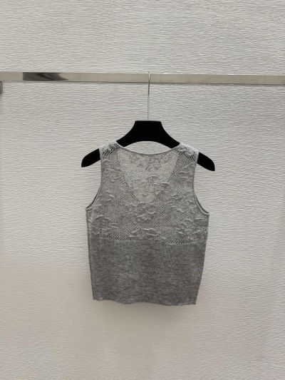 Chanel V-Neck Openwork Knit Top in Grey