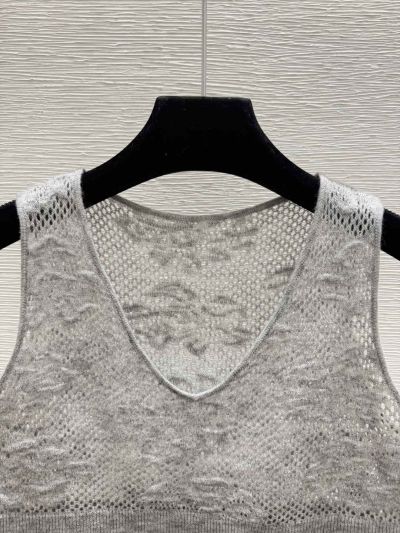 Chanel V-Neck Openwork Knit Top in Grey