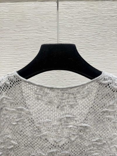 Chanel V-Neck Openwork Knit Top in Grey