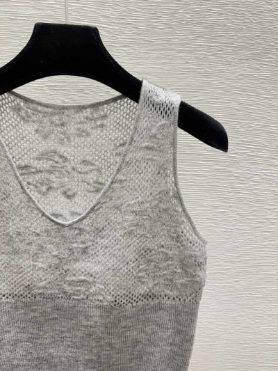 Chanel V-Neck Openwork Knit Top in Grey