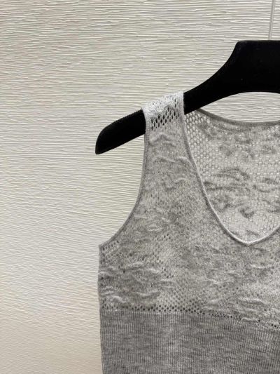 Chanel V-Neck Openwork Knit Top in Grey